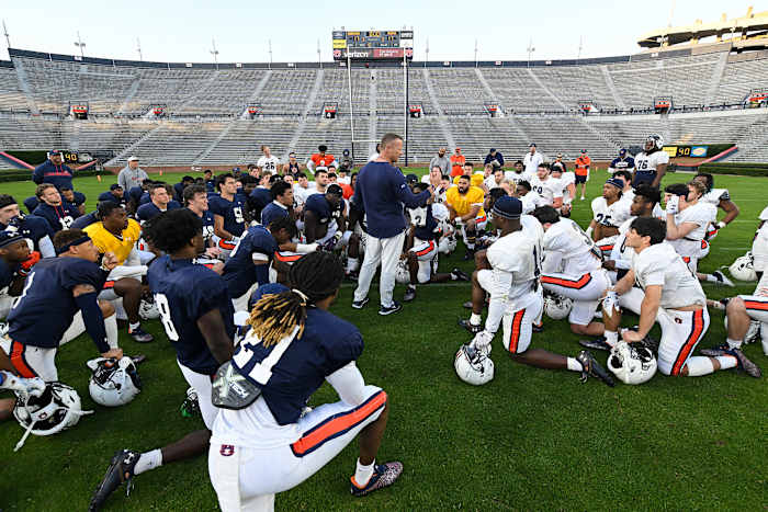 Coach Bryan Harsin talks to his team after practice in Jordan Hare Stadium.Auburn AU scrimmage on Friday, March 25, 2022 in Auburn, Ala.